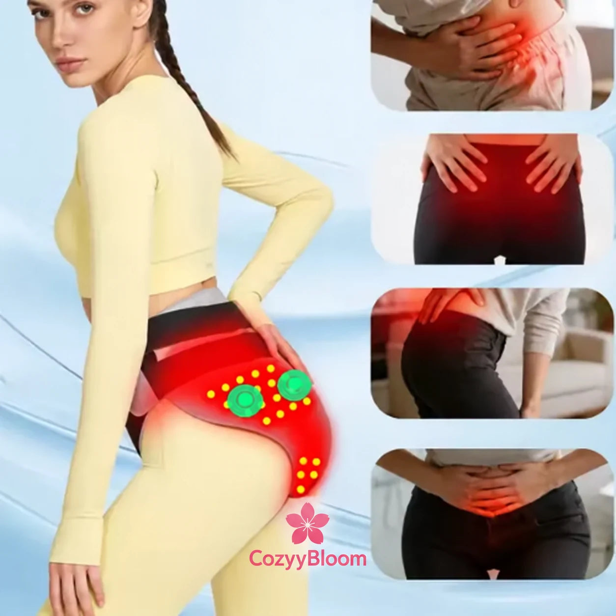 Woman relaxing with the CozyyBloom Relief Wrap